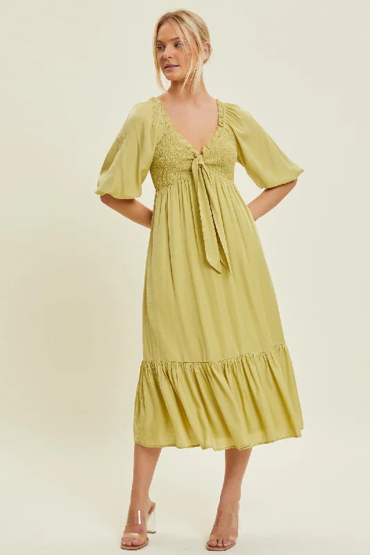 Women's midi dress weave chic -Light Olive Smocked Front Tie Midi Dress