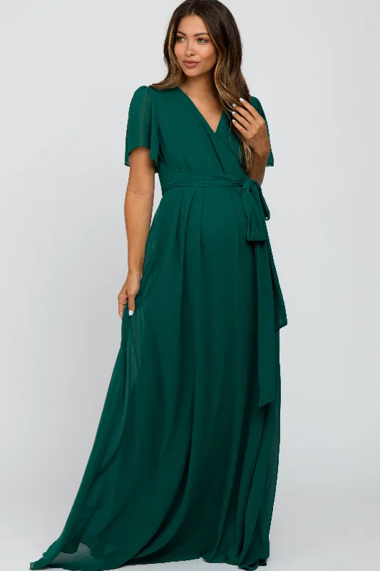 Women's floral dress frost flair -Forest Green Chiffon Short Sleeve Maternity Maxi Dress