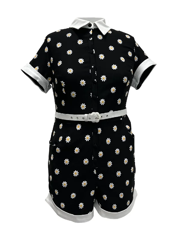 ladies-floral-dress-photo-petal-Unique Vintage Daisy Print Patsy Romper | Black, Floral