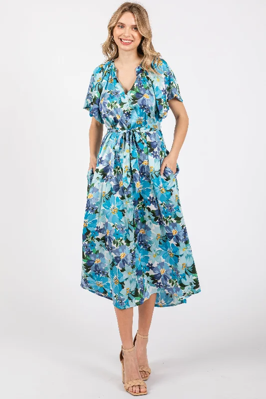 Women's midi dress fresh chic -Blue Floral V-Neck Short Puff Sleeve Tie Waist Satin Midi Dress