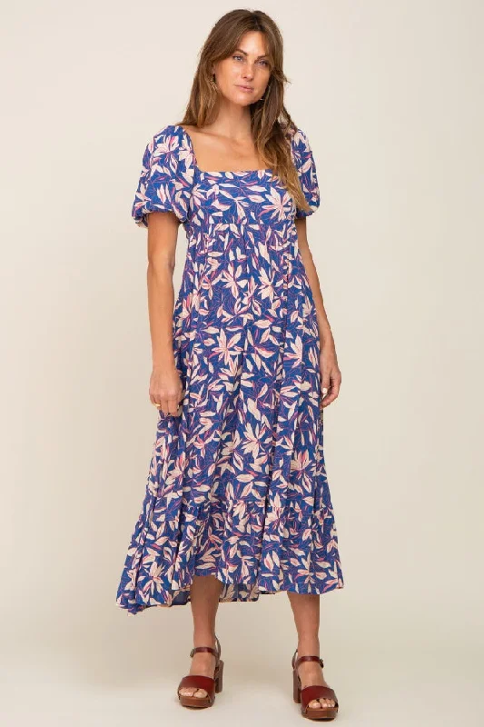 Women's midi dress stark pop -Blue Floral Puff Sleeve Midi Dress