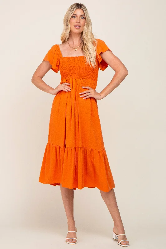 Women's midi dress gem chic -Orange Smocked Ruffle Hem Midi Dress