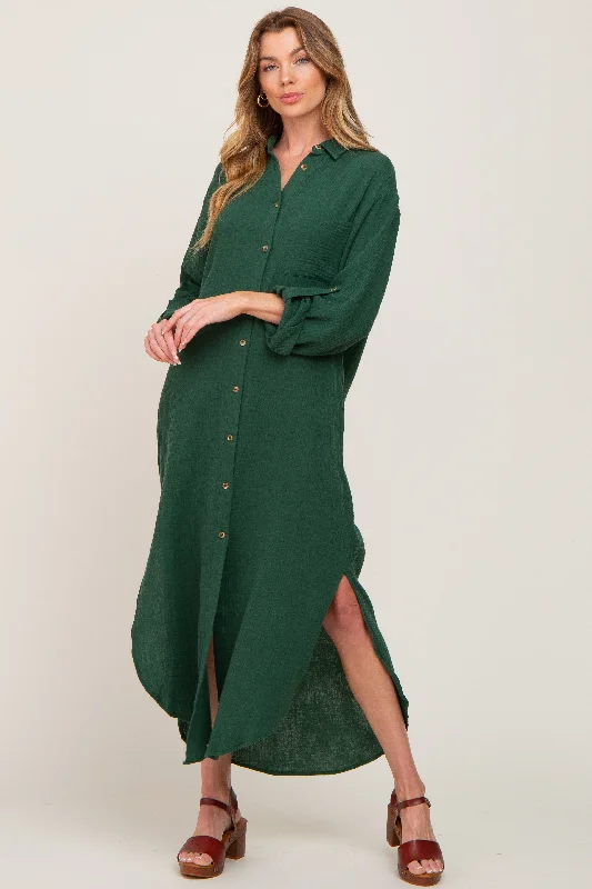 Women's midi dress wild flair -Forest Green Button Down 3/4 Sleeve Midi Dress