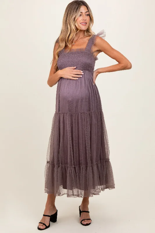 Women's midi dress net flair -Mauve  Mesh Overlay Smocked Maternity Midi Dress