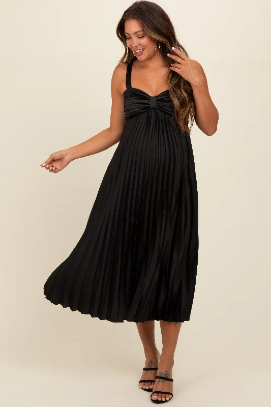 Women's midi dress pleat pop -Black Satin Pleated Sweetheart Maternity Midi Dress