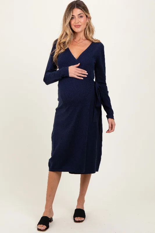 Women's midi dress bud glow -Navy Blue Knit Long Sleeve Wrap Maternity Midi Dress