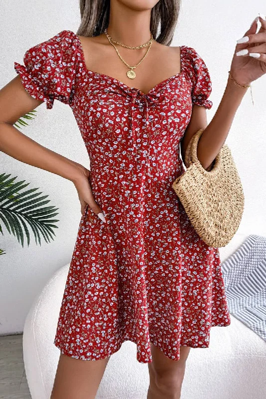 ladies-floral-dress-sky-sprig-CASUAL TRUMPET SLEEVE DRAWSTRING FLORAL DRESS_CWDSD2555