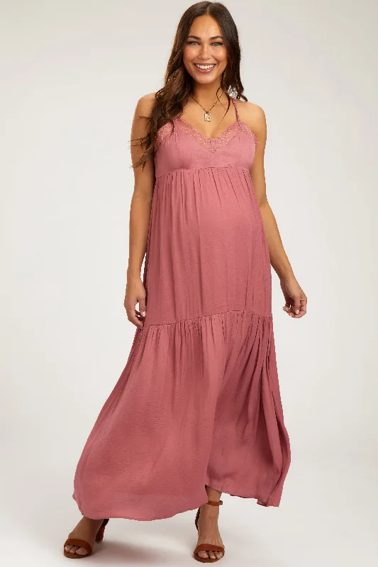 Women's floral dress stem flair -Mauve Sleeveless Lace Tiered Maternity Maxi Dress