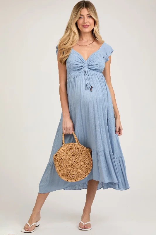 Women's floral dress bond chic -Light Blue Smocked Ruched Ruffle Hem Maternity Maxi Dress