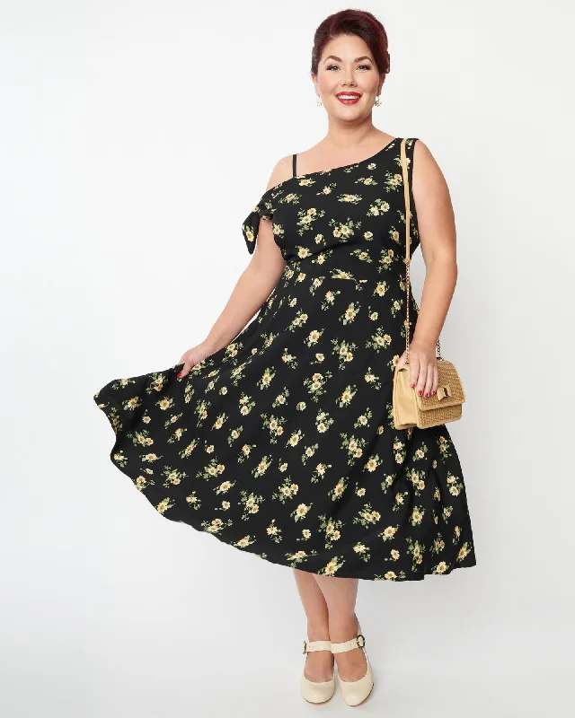 ladies-floral-dress-taupe-tide-Unique Vintage Plus Size Black & Yellow Floral Bow Tie Swing Dress | Black & Yellow Floral