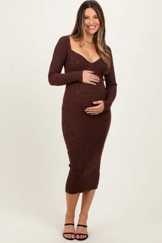 Women's midi dress loose pop -Brown Deep V-Neck Maternity Midi Sweater Dress