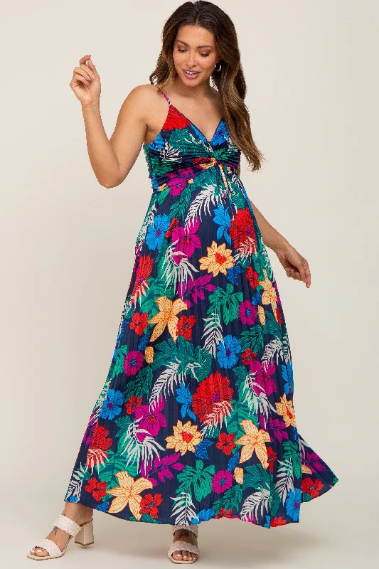 Women's floral dress void flair -Black Tropical Floral Satin Pleated Maternity Maxi Dress