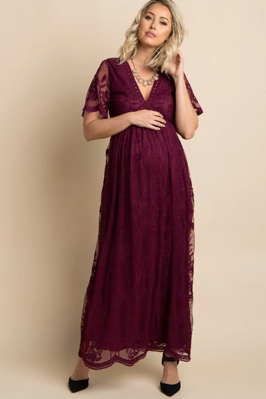 Women's floral dress bud chic -Burgundy Lace Mesh Overlay Maternity Maxi Dress