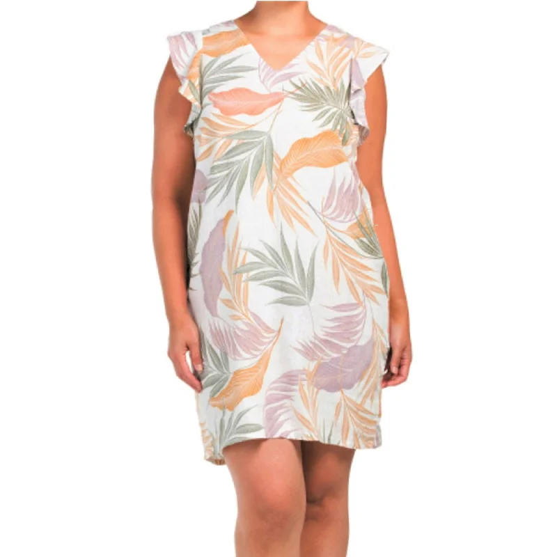 ladies-mini-dress-glitter-glow-Tahari Plus Tropical Floral Print Linen Flutter Sleeve Shift Mini Dress