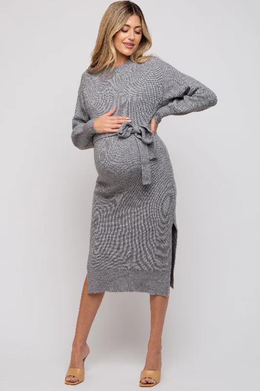 Women's midi dress sip pop -Heather Grey Side Slit Maternity Sweater Midi Dress