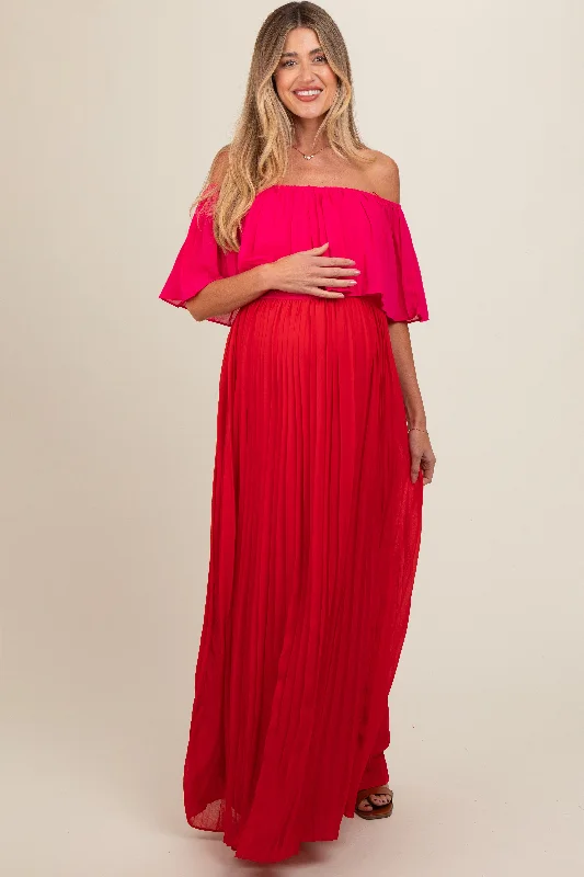 Women's floral dress town glow -Red Pleated Off Shoulder Colorblock Maternity Maxi Dress