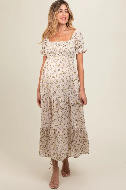 Women's floral dress bloom chic -Cream Floral Smocked Square Neck Tiered Puff Short Sleeve Maternity Maxi Dress