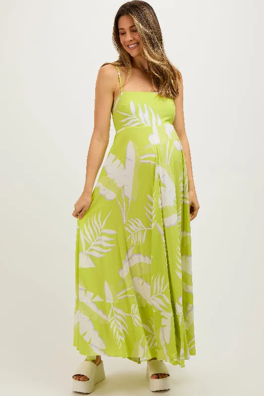 Women's floral dress tug pop -Lime Leaf Print Sleeveless Maternity Maxi Dress