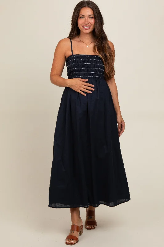 Women's midi dress icy pop -Navy Square Neck Maternity Midi Dress