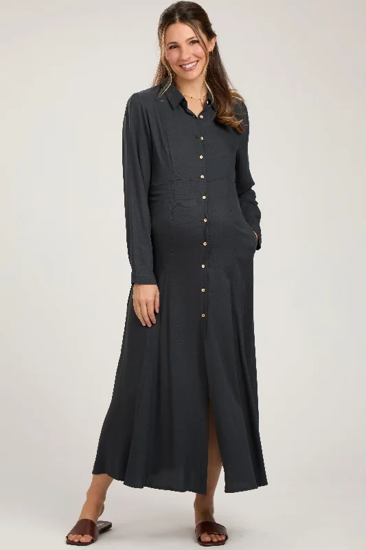 Women's floral dress year chic -Charcoal Collared Button Down Long Sleeve Maternity Maxi Dress