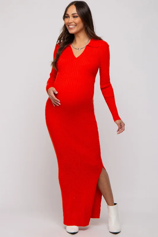 Women's floral dress tame glow -Red Orange Rib Knit Collared Maternity Maxi Dress