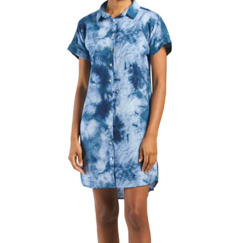 ladies-mini-dress-cut-out-cool-Cynthia Rowley Women's Linen Hi-low Hem Short Sleeve Tie Dye Print Mini Shirt Dress