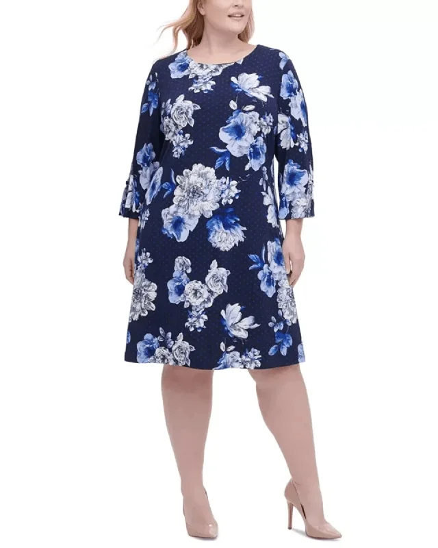 ladies-floral-dress-wrap-wildflower-Tommy Hilfiger Women's Plus Size Floral-Print Grommet-Sleeve Dress Blue Size 18 | Blue