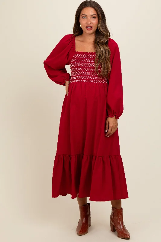 Women's midi dress calm pop -Burgundy Contrast Smocked Balloon Sleeve Maternity Midi Dress