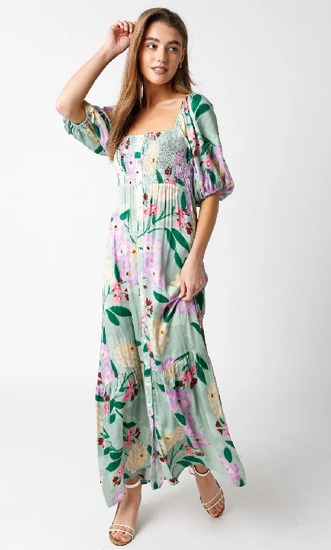 Women's floral dress clear flair -Light Green Floral Front Button Maxi Dress