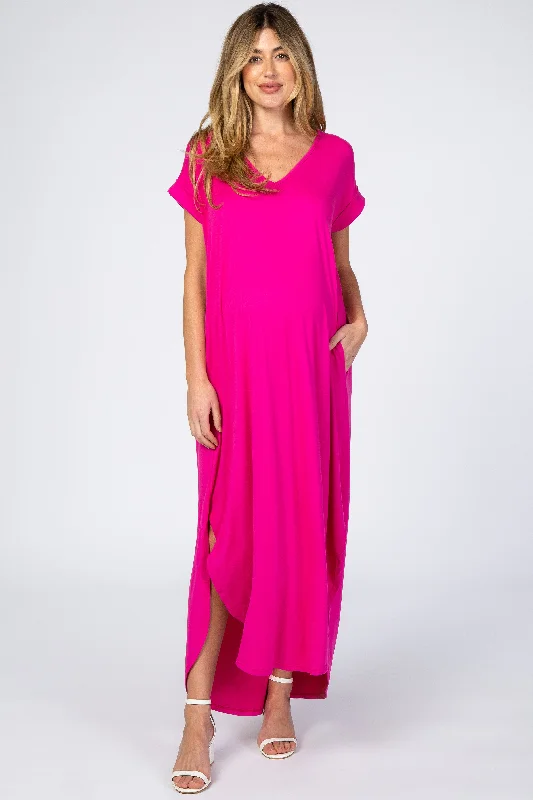 Women's floral dress ray flair -Fuchsia Side Slit Maternity Maxi Dress