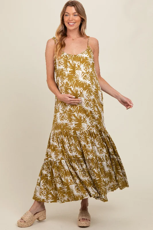 Women's floral dress hip flair -Dark Yellow Printed Maternity Maxi Dress