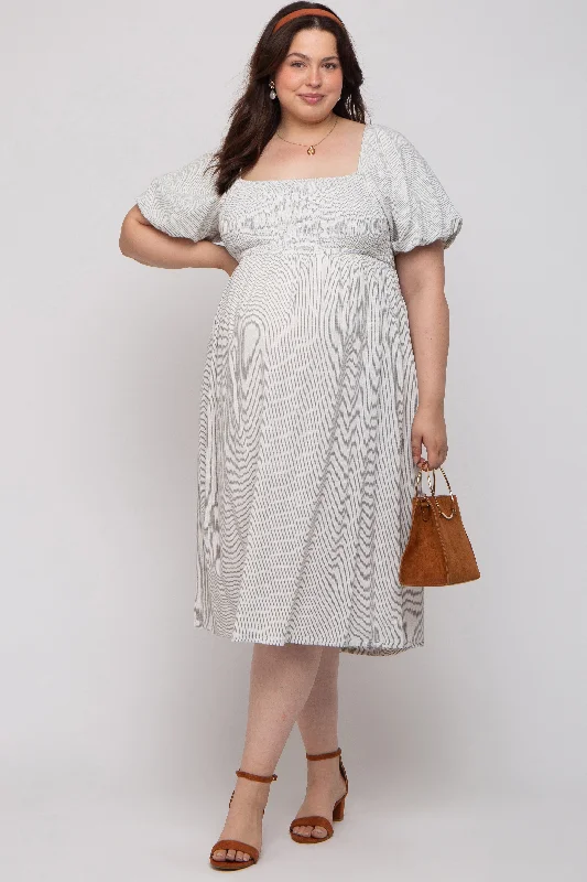 Women's midi dress lush pop -Ivory Striped Linen Smocked Short Puff Sleeve Maternity Plus Midi Dress