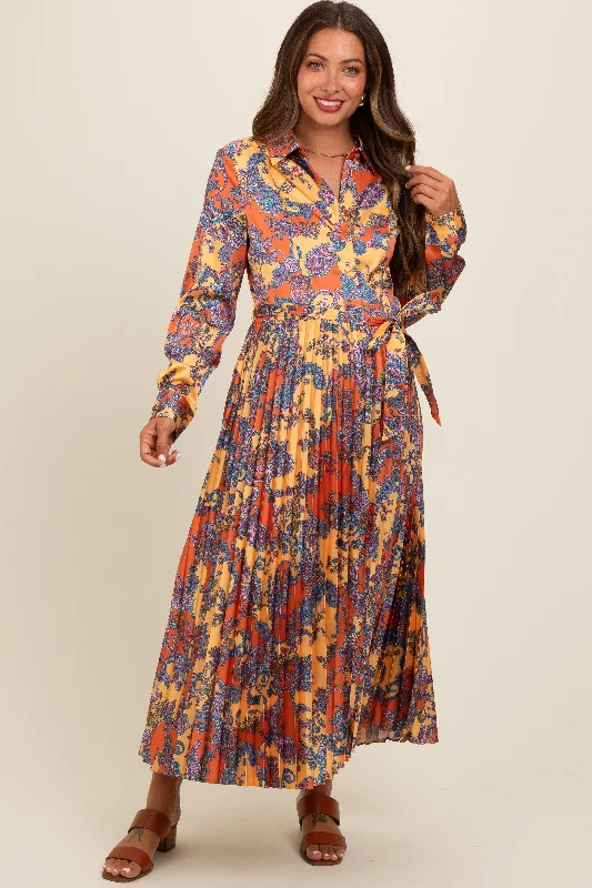 Women's midi dress peach glow -Orange Paisley Print Pleated Button Down Maternity Midi Dress