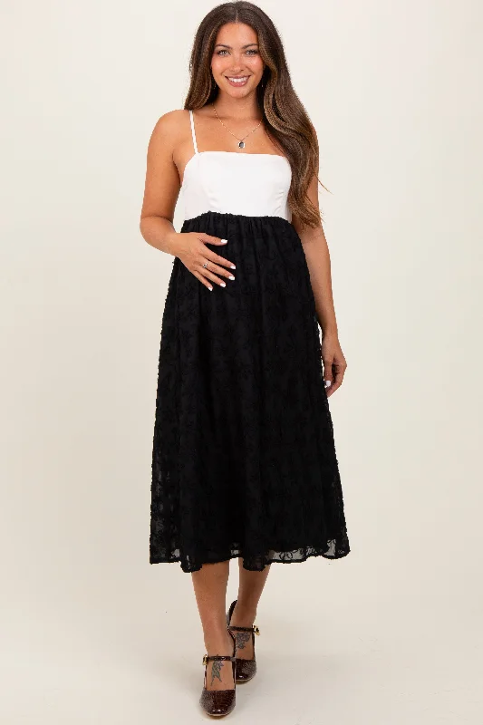 Women's floral dress turn glow -Black Colorblock Lace Maternity Maxi Dress