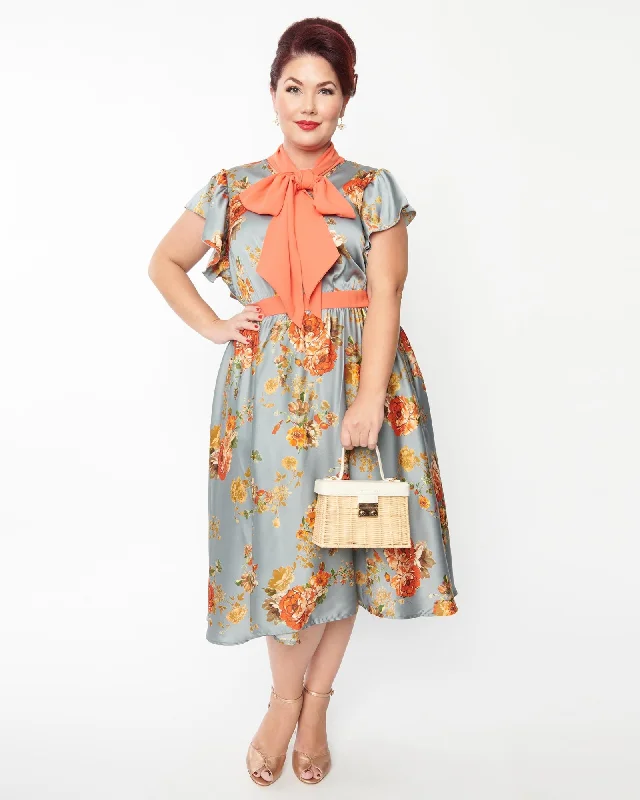 ladies-floral-dress-shopping-sprig-Unique Vintage Antique Blue & Orange Floral Satin Swing Dress | Blue, Orange, Floral