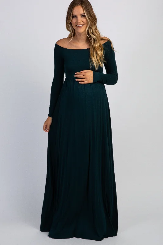 Women's floral dress task glow -PinkBlush Forest Green Solid Off Shoulder Maternity Maxi Dress