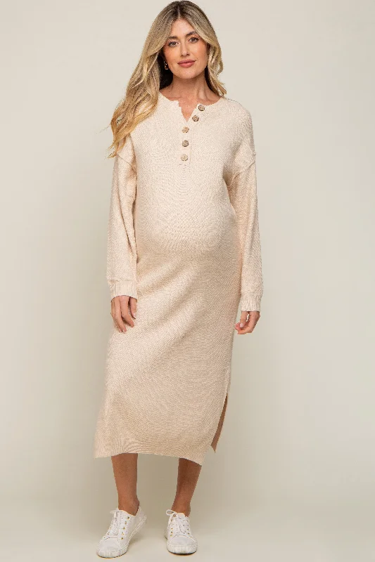 Women's midi dress free pop -Cream Waffle Knit Button Long Sleeve Maternity Midi Dress