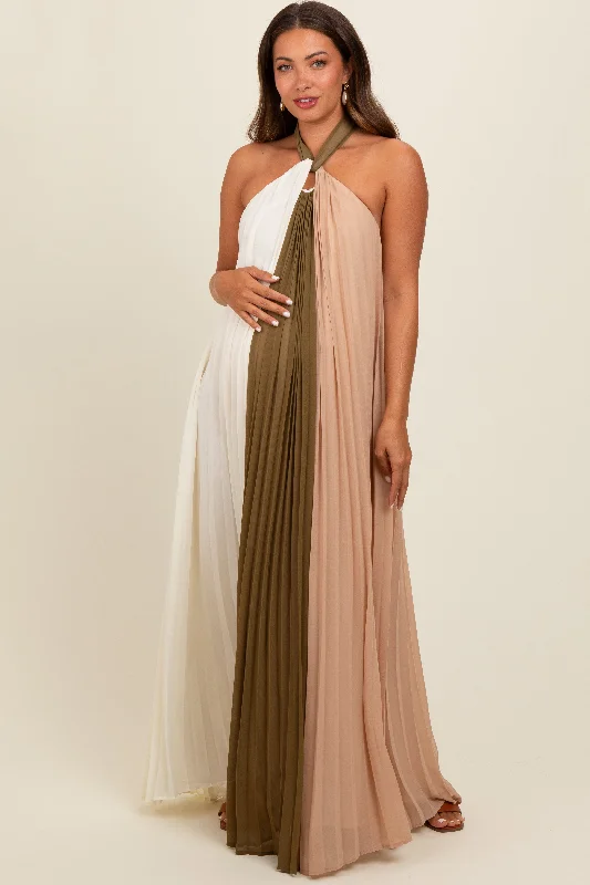 Women's floral dress sleek glow -Olive Colorblock Pleated Halter Neck Maternity Maxi Dress