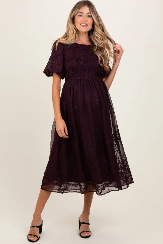 Women's midi dress tall flair -Plum Floral Lace Smocked Maternity Midi Dress