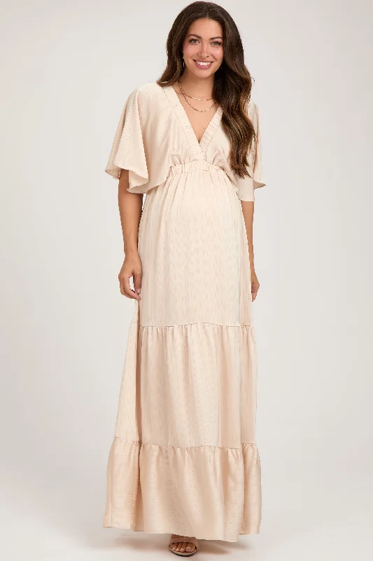 Women's floral dress dim chic -Beige V-Neck Flutter Sleeve Tiered Maternity Maxi Dress