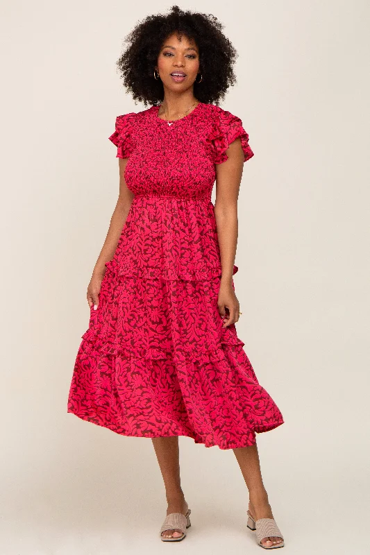 Women's midi dress tall flair -Fuchsia Print Smocked Ruffle Tiered Midi Dress