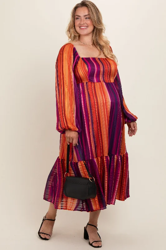 Women's midi dress frill glow -Plum Striped Metallic Yarn Maternity Plus Midi Dress