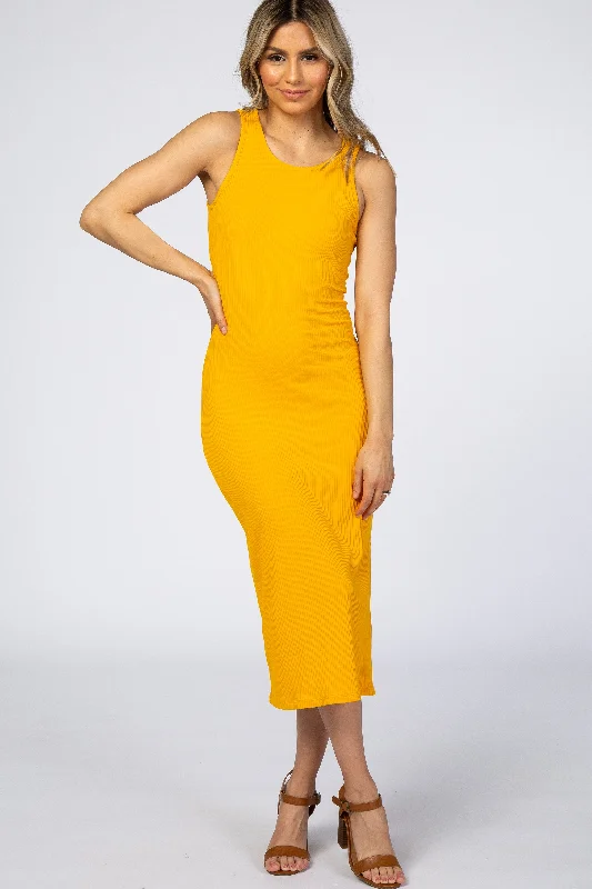 Women's midi dress gather flair -Yellow Ribbed Midi Dress