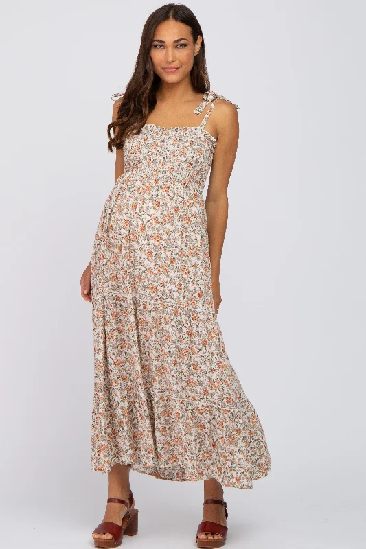 Women's floral dress heart chic -Beige Floral Sleeveless Tiered Maternity Maxi Dress