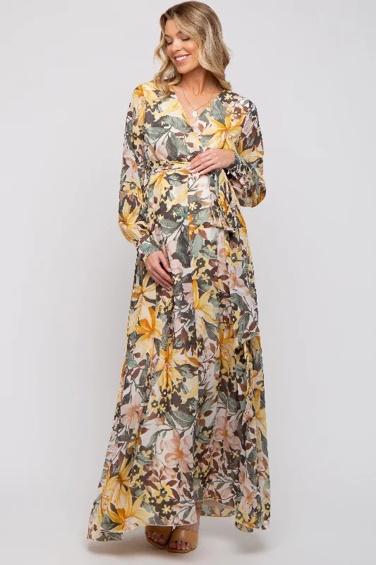 Women's floral dress fold glow -Yellow Floral Chiffon Wrap Front V-Neck Long Sleeve Maternity Maxi Dress