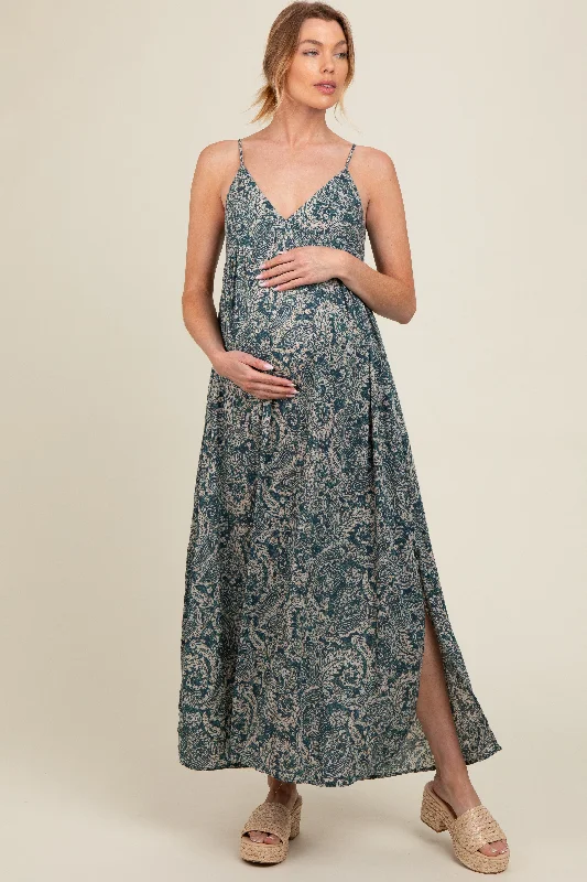 Women's floral dress foam bloom -Teal Paisley Babydoll Cami Strap Maternity Maxi Dress