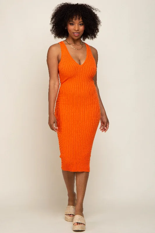 Women's midi dress loose pop -Orange Ribbed Knit Fitted V-Neck Midi Dress