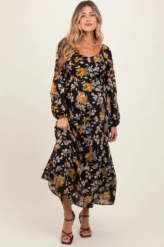 Women's midi dress peek chic -Black Floral V-Neck Long Sleeve Maternity Midi Dress