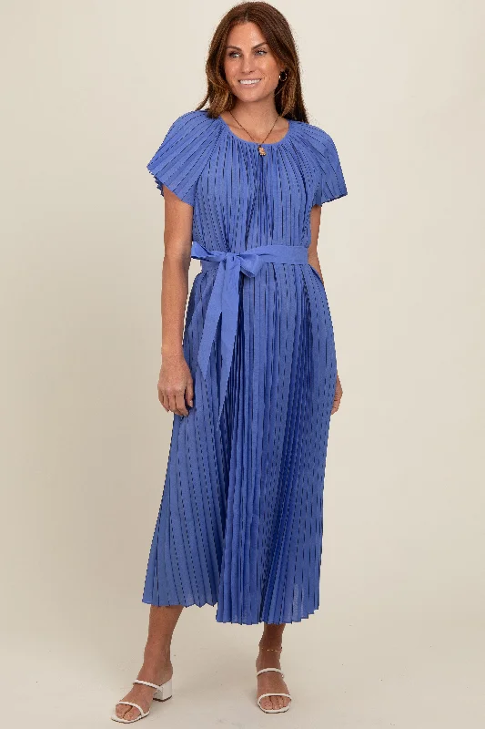 Women's midi dress night chic -Blue Pleated Sash Tie Midi Dress