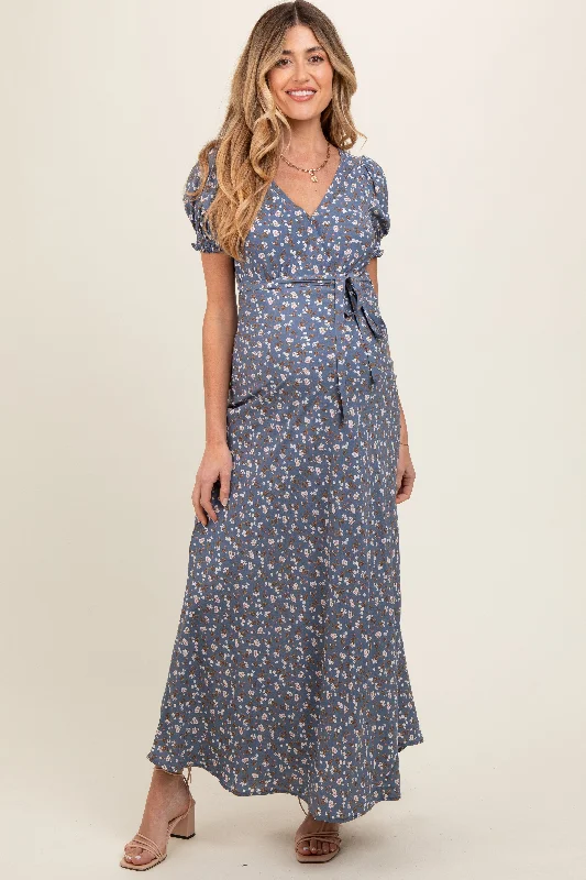 Women's floral dress fuzz bloom -Blue Floral Puff Sleeve V Neck Maternity Maxi Dress